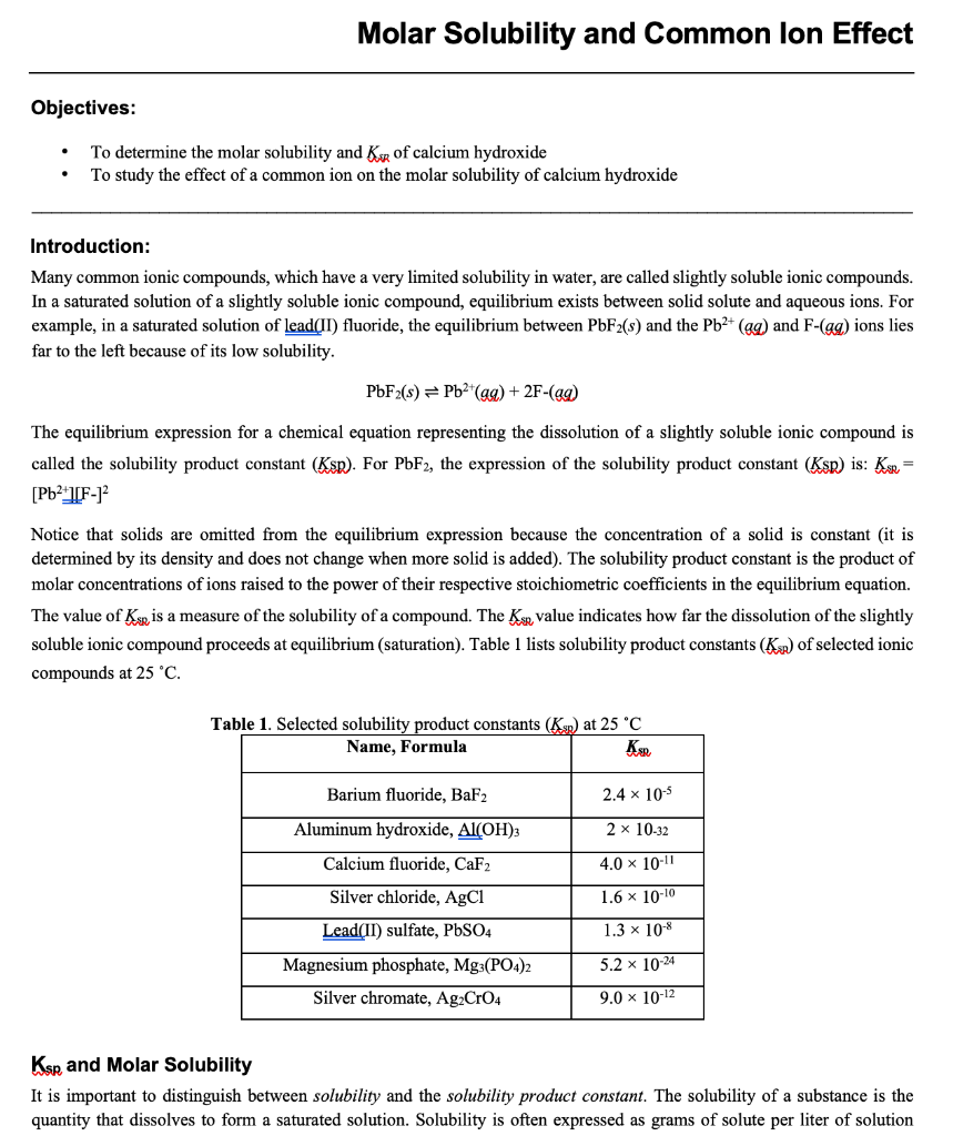 Molar Solubility And Common Lon Effect Objectives To