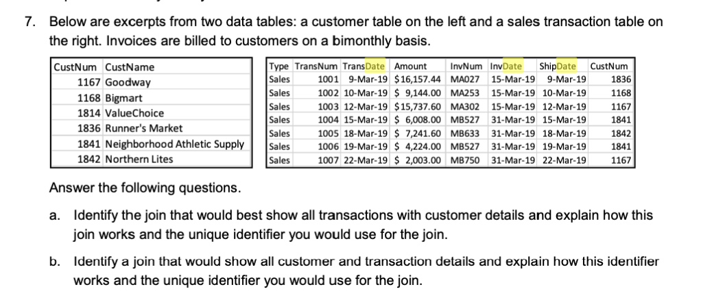 7. Below are excerpts from two data tables: a | Chegg.com