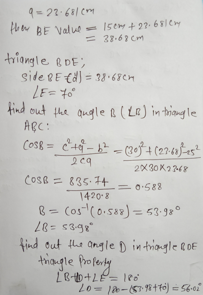 9 = 22.68/ Cm phen BE Value 15 em t2?. 681 ery 38.68 Cm triangle eDE side REtd =38 68cn nd out the qugle (L) in trangle ARC: