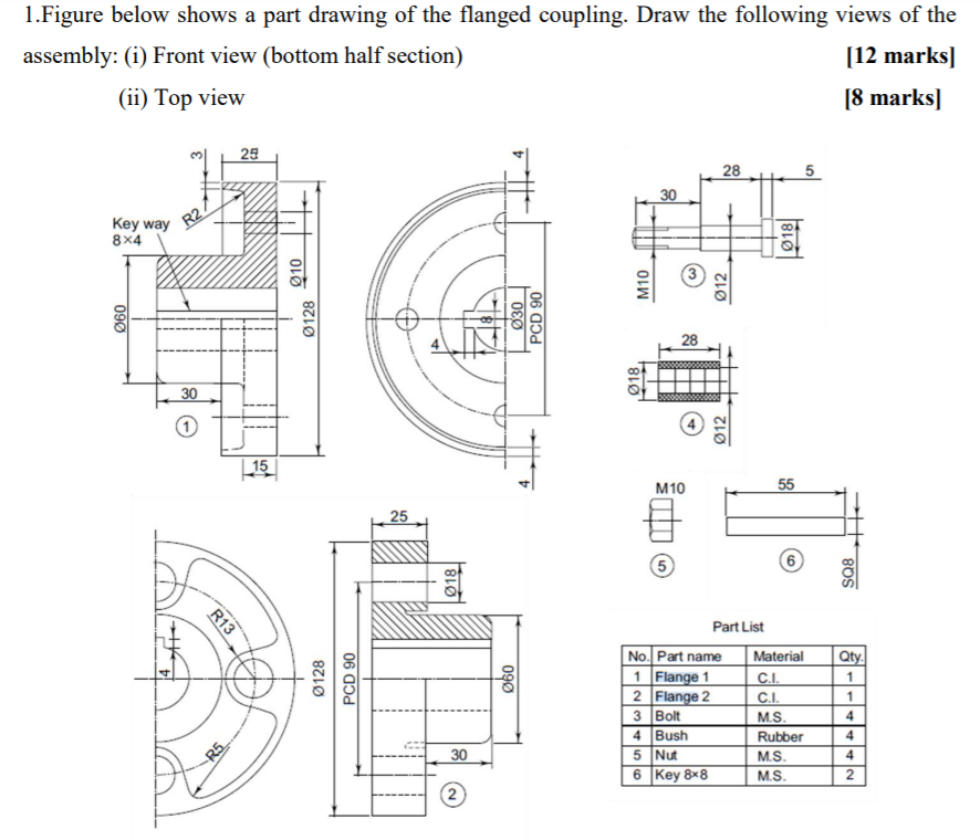 Solved 1.Figure below shows a part drawing of the flanged