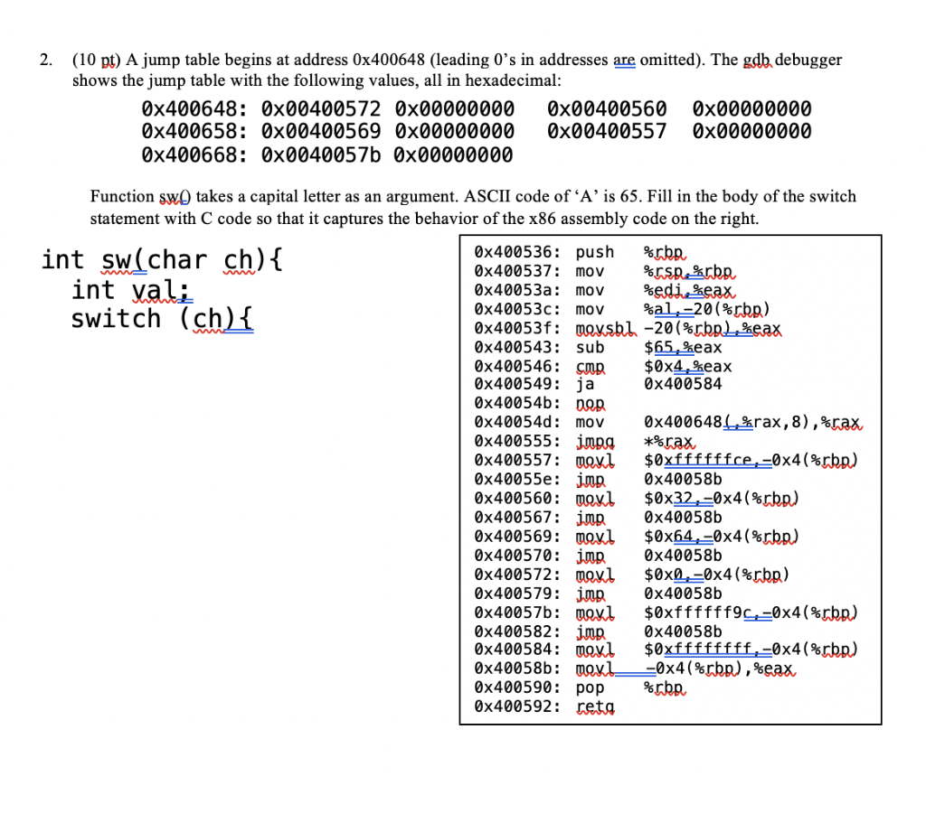 2. (10 pt) A jump table begins at address 0x400648