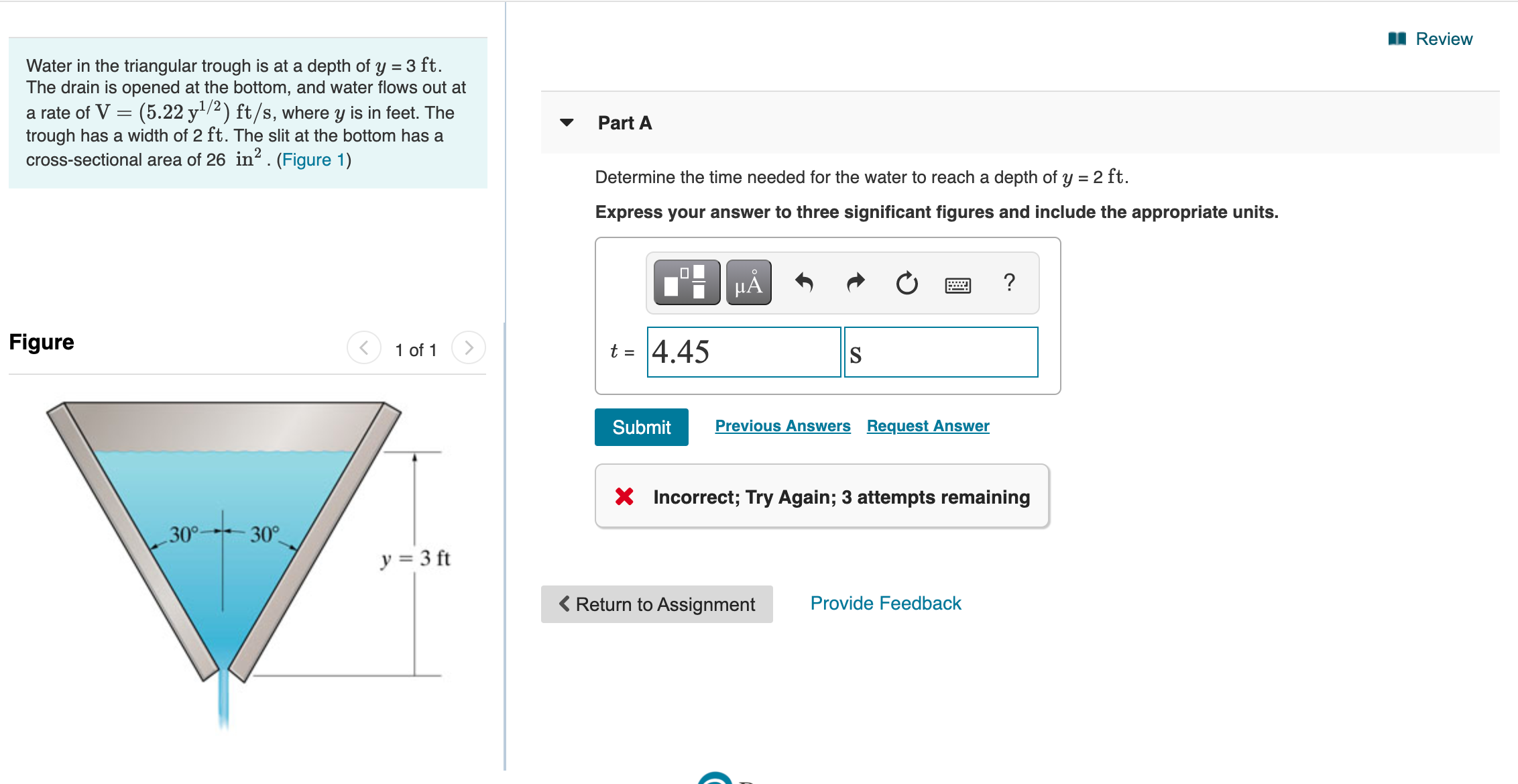 Solved n Review Water in the triangular trough is at a depth | Chegg.com