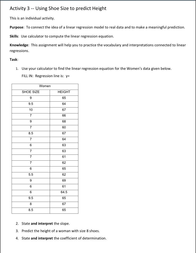 Solved Activity 3 Using Shoe Size to predict Height This