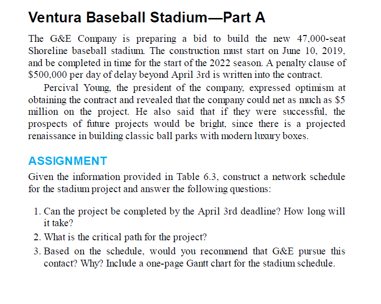 Solved Ventura Baseball StadiumPart A The G&E Company is