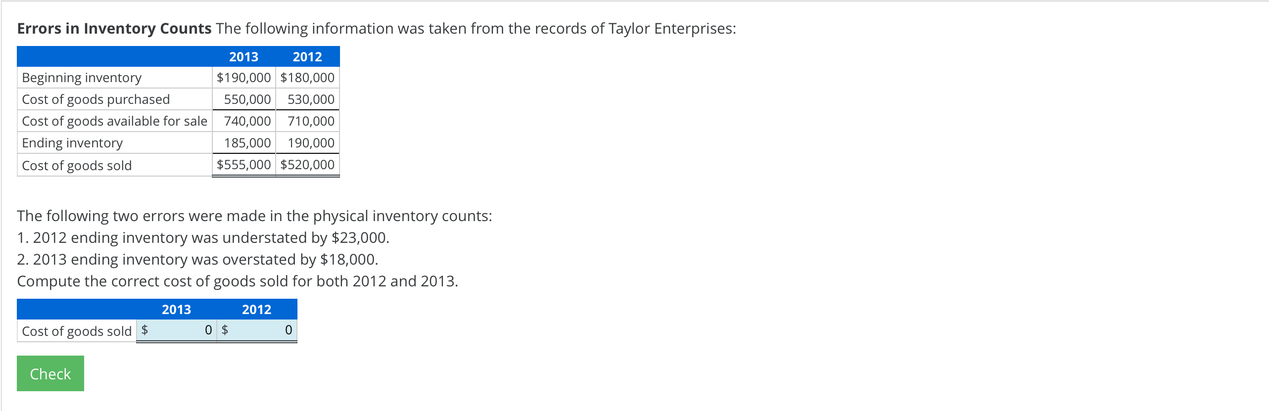 Solved Errors in Inventory Counts The following information