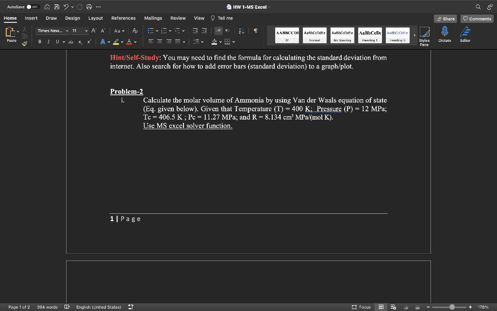 Solved AutoSave OFF A B C a *** HW 1-MS Excel Home Insert | Chegg.com