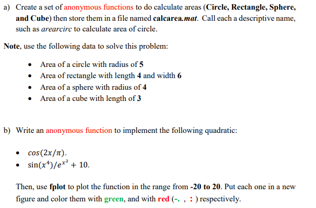 Solved Create A Set Of Anonymous Functions To Do Calculate | Chegg.com