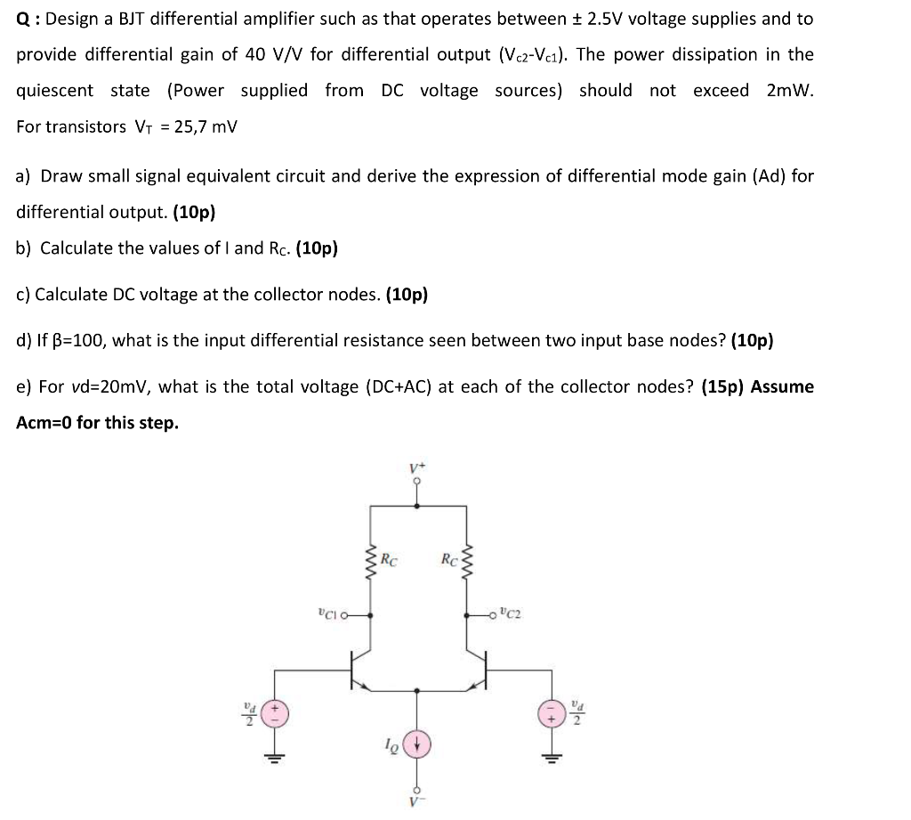 Solved Q : Design a BJT differential amplifier such as that | Chegg.com