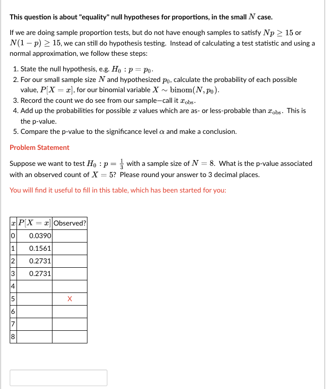 null hypothesis test for equality