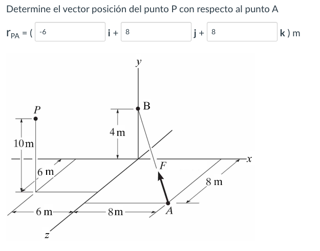 Determine el vector posición del punto \( \mathrm{P} \) con respecto al punto \( \mathrm{A} \) \[ \mathrm{r}_{\mathrm{PA}}=(\