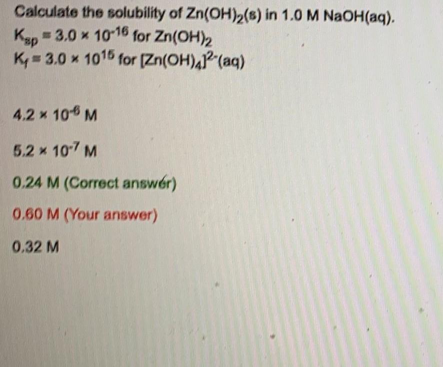 Solved Calculate the solubility of Zn(OH)2(8) in 1.0 M | Chegg.com