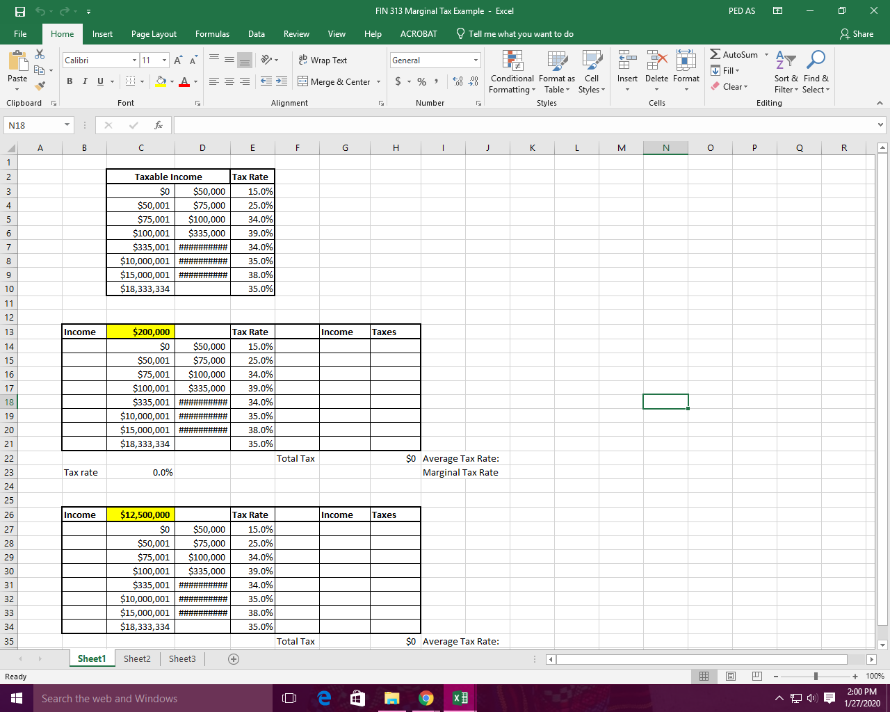 Solved FIN 313 Marginal Tax Example - Excel PEDAS - 0 x suas | Chegg.com