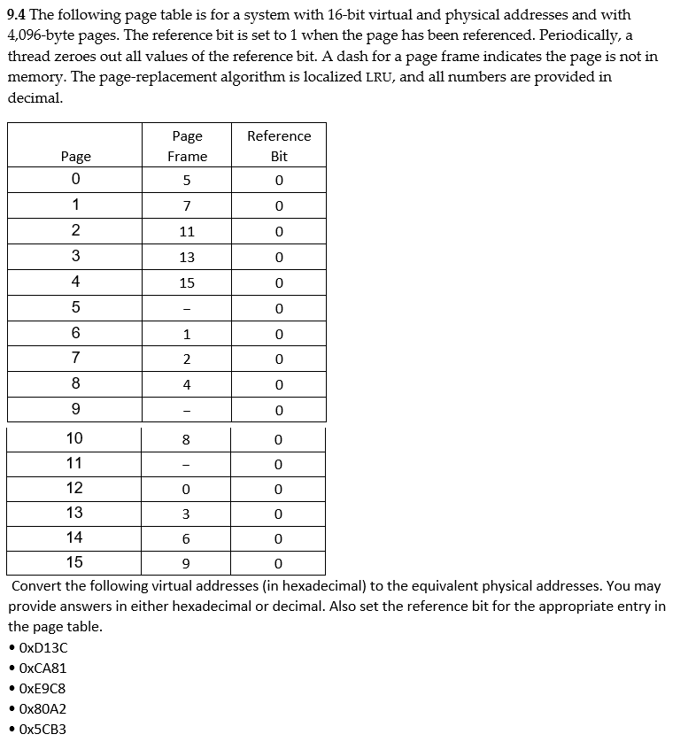Solved 9.4 The following page table is for a system with | Chegg.com