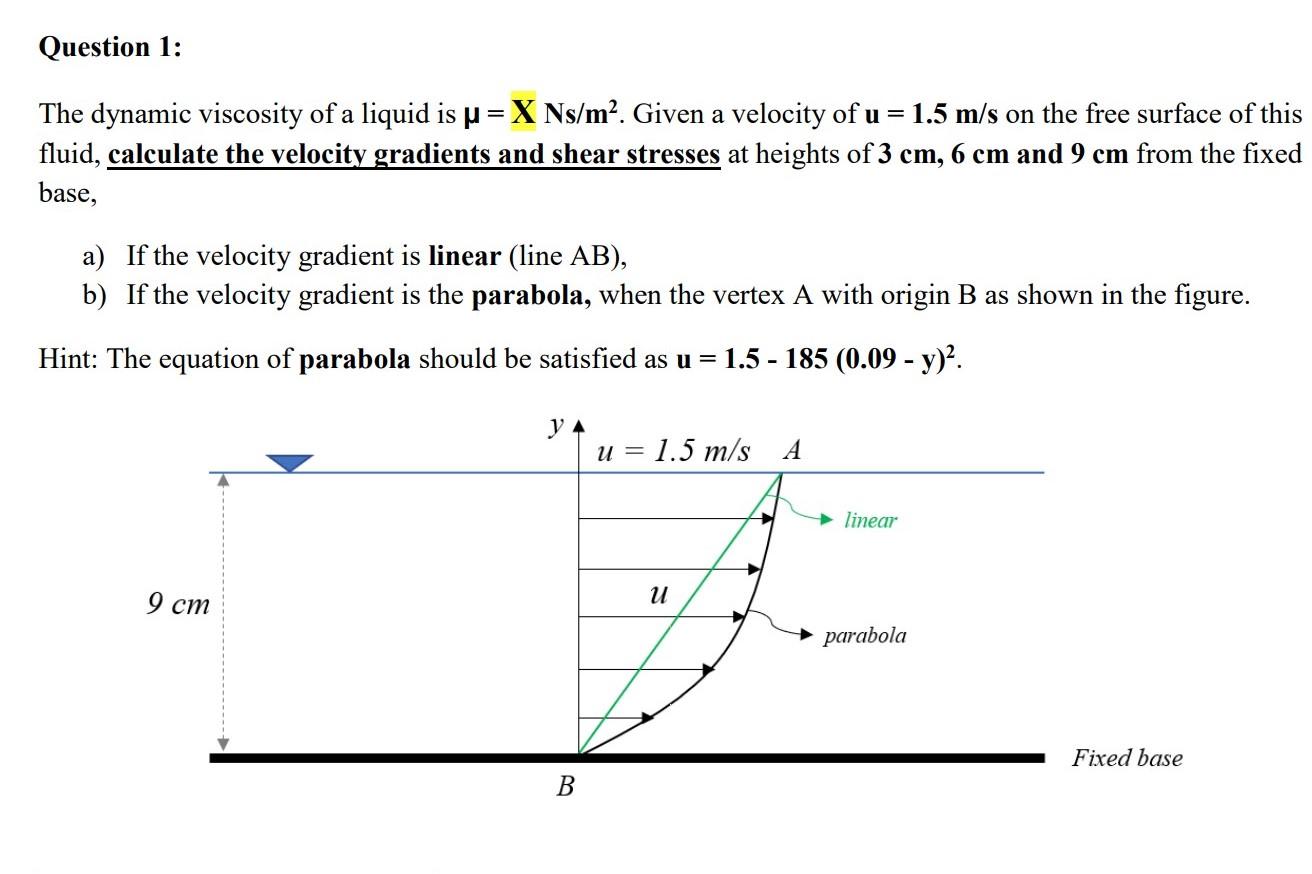 Solved Question 1: The dynamic viscosity of a liquid is u=X | Chegg.com