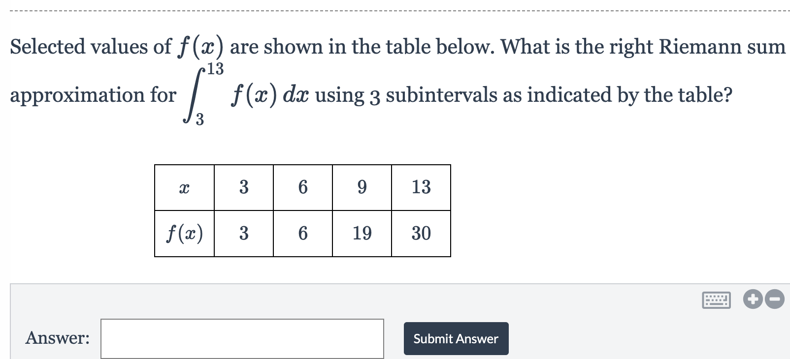 Selected values of \( f(x) \) are shown in the table below. What is the right Riemann sum approximation for \( \int_{3}^{13}