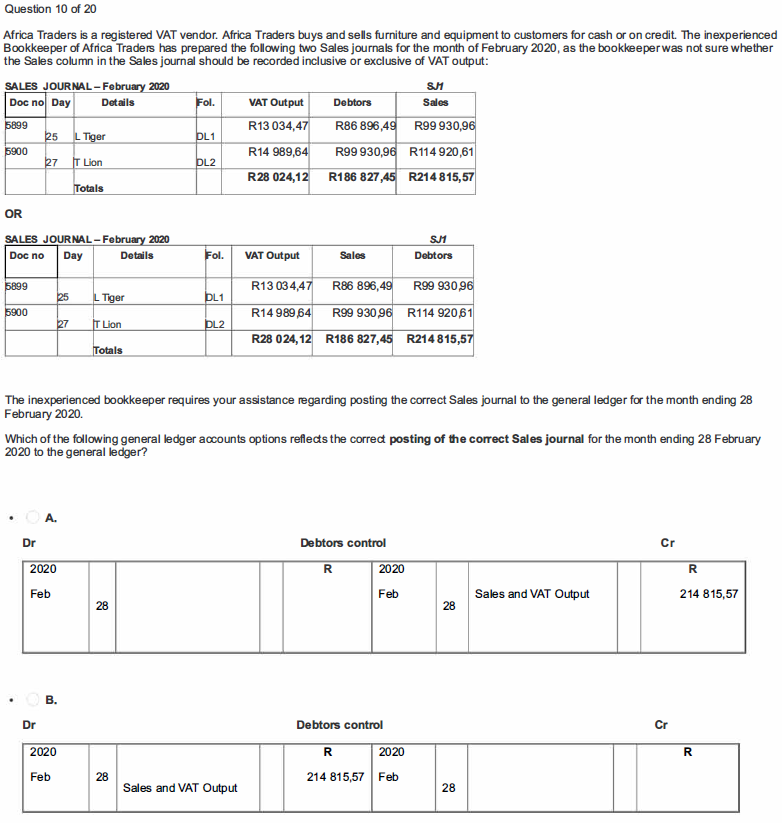 Solved Question 10 of 20 Africa Traders is a registered VAT | Chegg.com