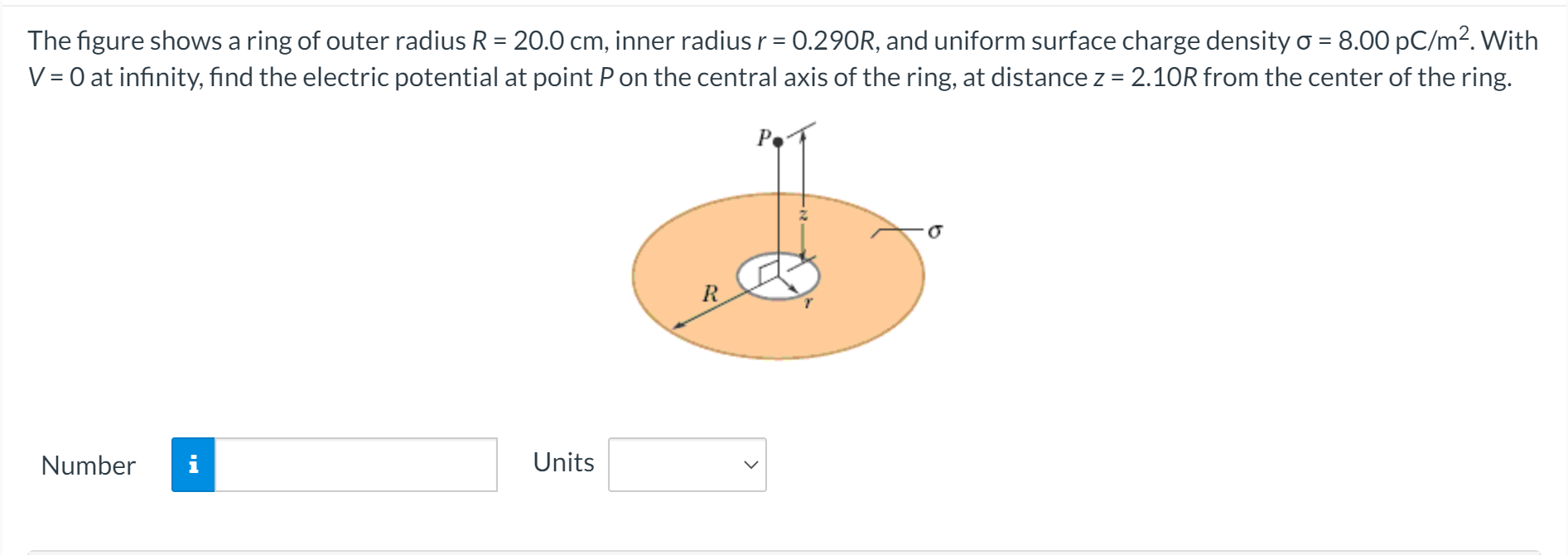 Solved The figure shows a ring of outer radius R = 20.0 cm, | Chegg.com