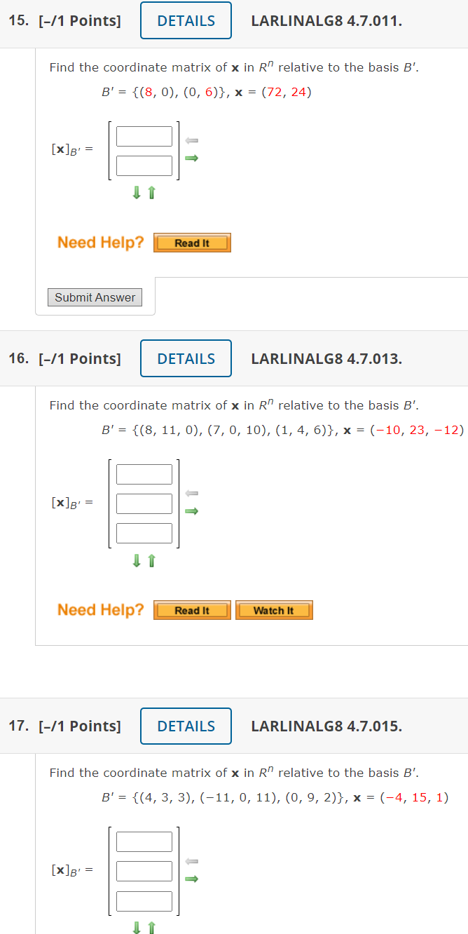 Solved 15. [-/1 Points] DETAILS LARLINALG8 4.7.011. Find The | Chegg.com