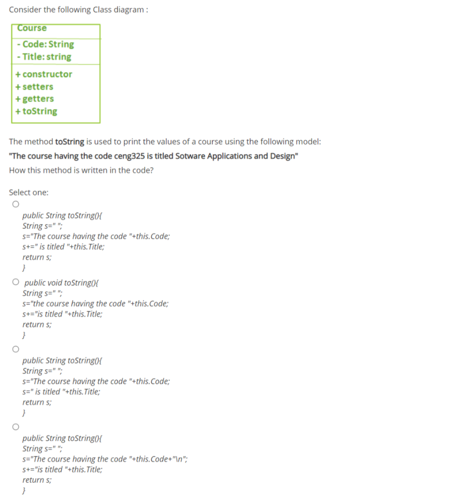 Solved Consider the following Class diagram: Course - Code: | Chegg.com