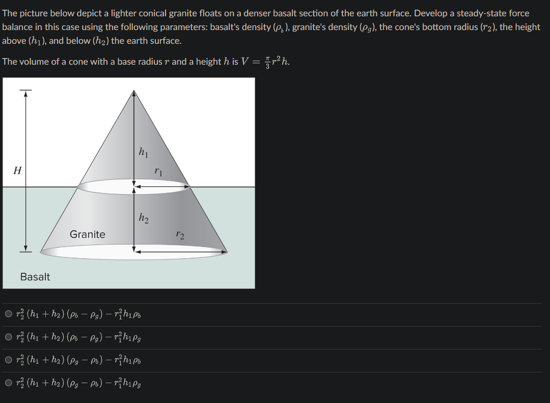 The picture below depict a lighter conical granite floats on a denser basalt section of the earth surface. Develop a steady-s
