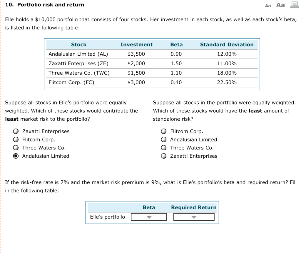 Solved 10. Portfolio Risk And Return Aa Aa Elle Holds A | Chegg.com