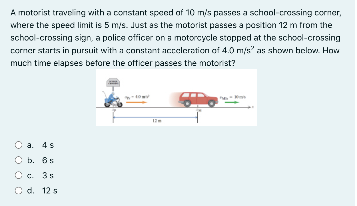 Solved A motorist traveling with a constant speed of 10 m/s | Chegg.com