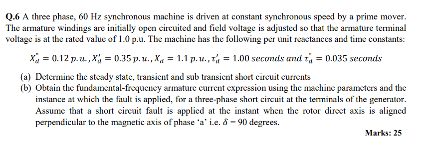 Solved Q.6 A three phase, 60 Hz synchronous machine is | Chegg.com