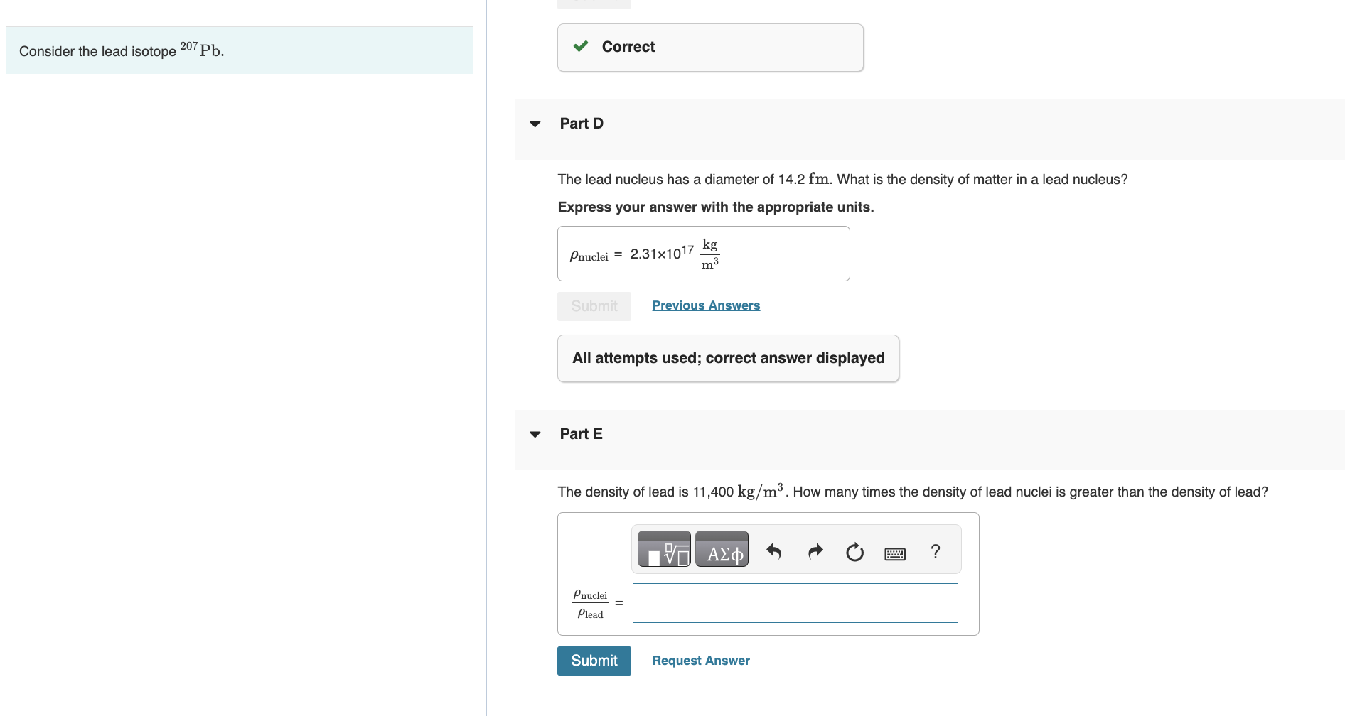 Consider the lead isotope 207 Pb. Part D The lead | Chegg.com