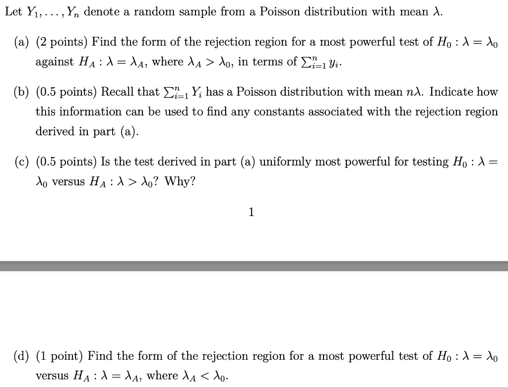 Let Y1,…,Yn Denote A Random Sample From A Poisson | Chegg.com