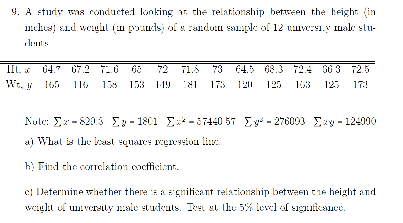 Solved 9. A study was conducted looking at the relationship | Chegg.com