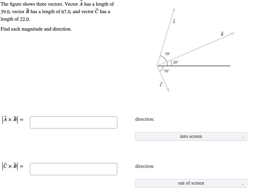 Solved The figure shows three vectors. Vector A has a length | Chegg.com