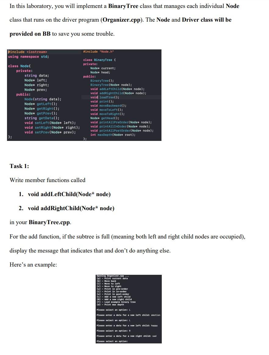 In this laboratory, you will implement a Binary Tree | Chegg.com