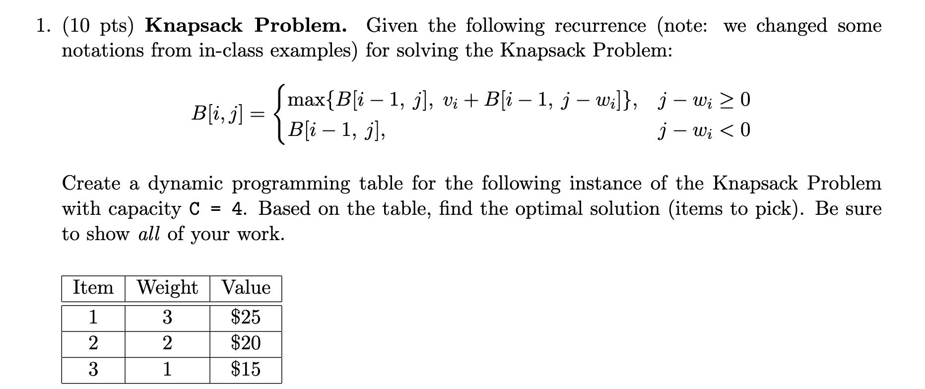 Solved 1. (10 pts) Knapsack Problem. Given the following | Chegg.com
