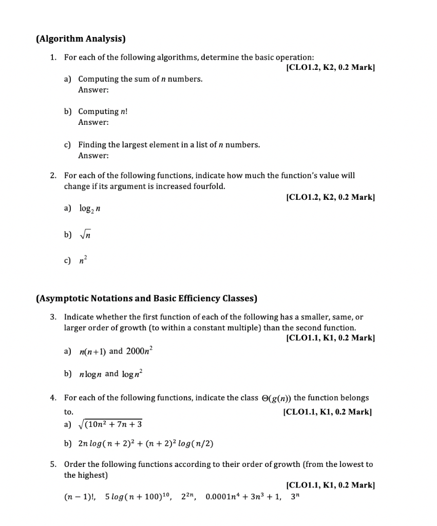 Solved (Algorithm Analysis) 1. For each of the following | Chegg.com