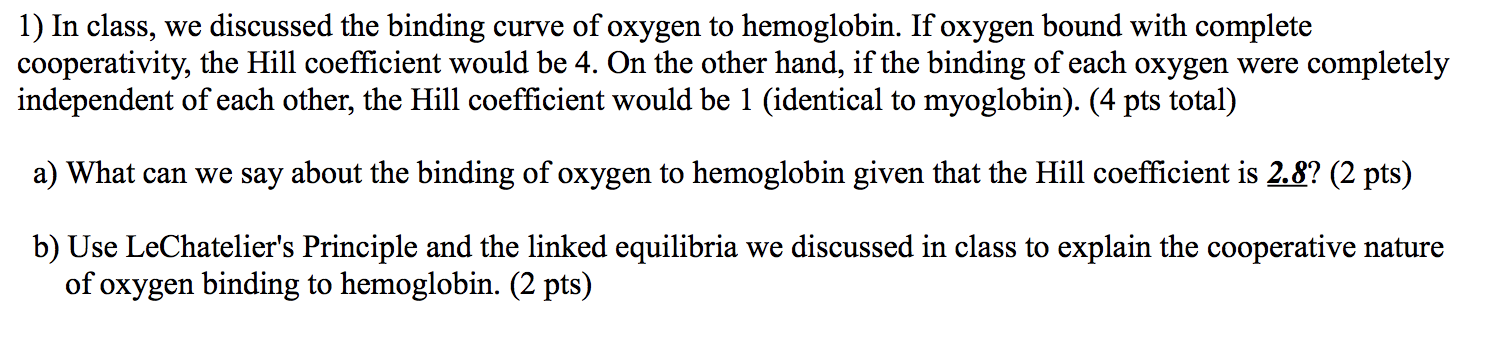 Solved 1) In Class, We Discussed The Binding Curve Of Oxygen | Chegg.com