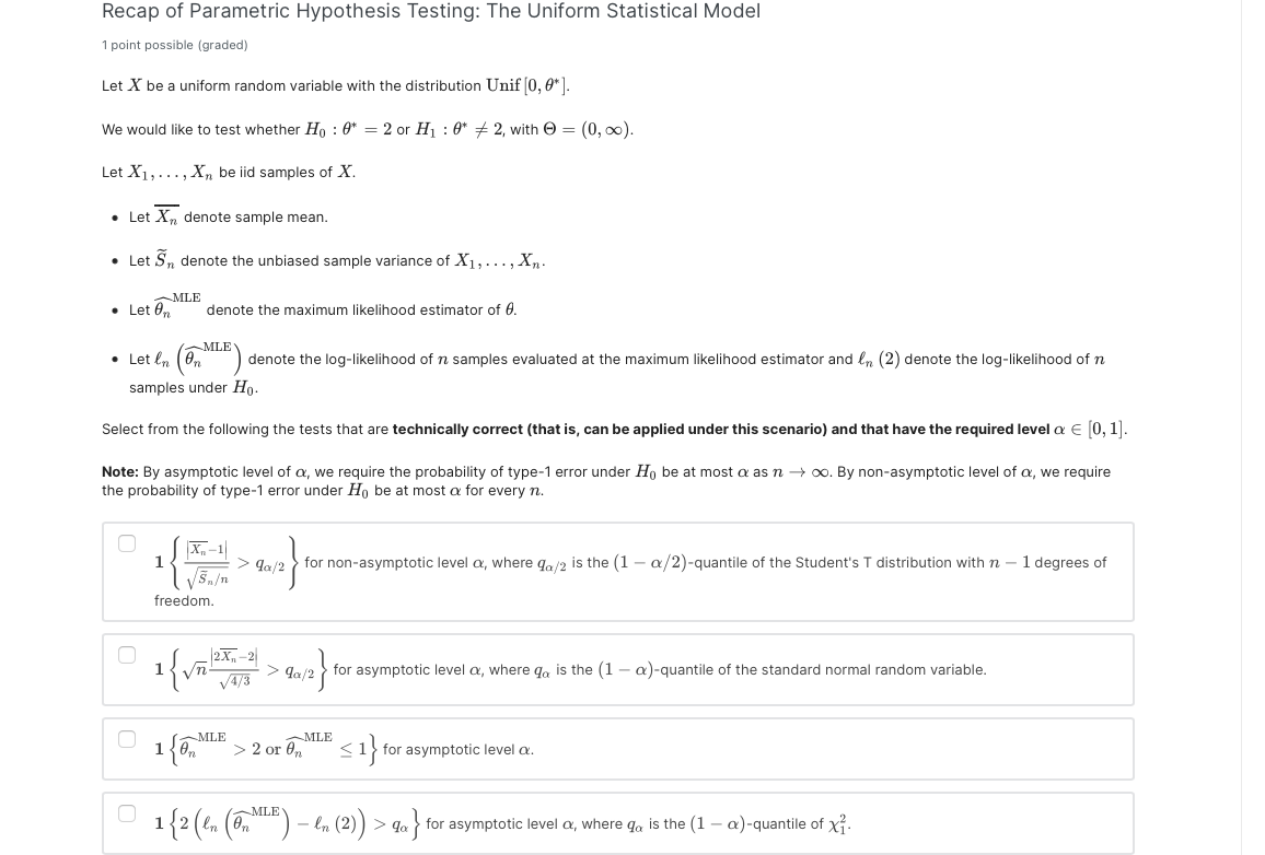 Solved Recap of Parametric Hypothesis Testing The Uniform