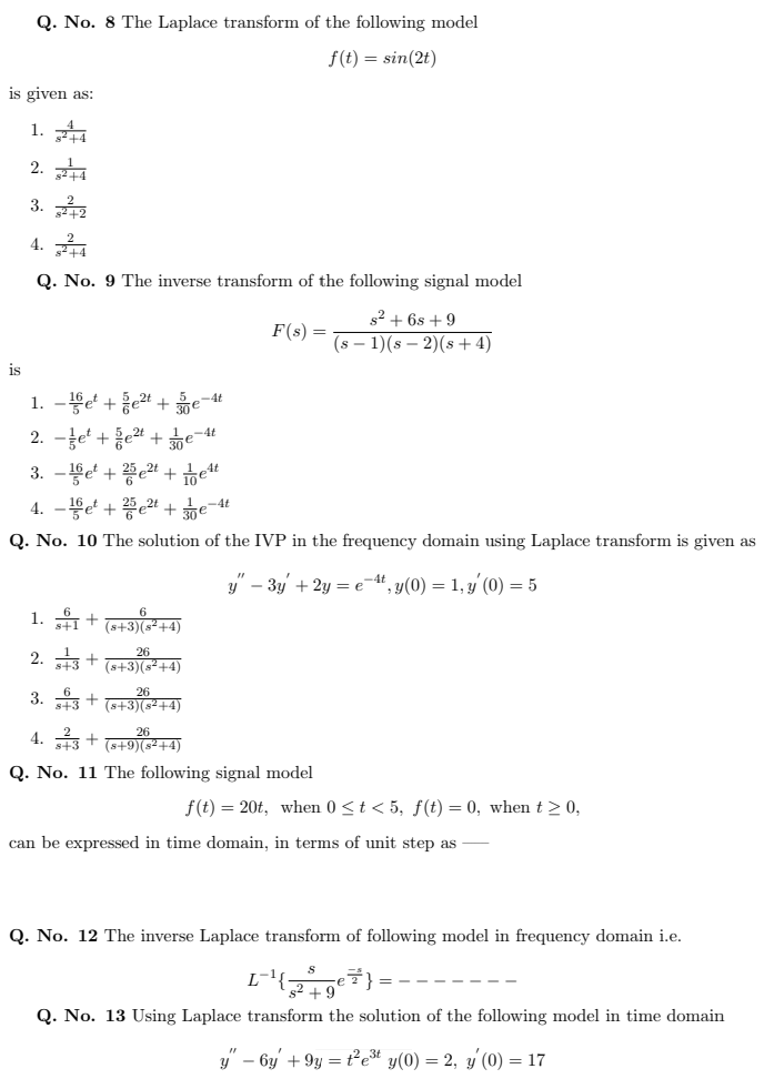 Solved Q. No. 8 The Laplace transform of the following model | Chegg.com