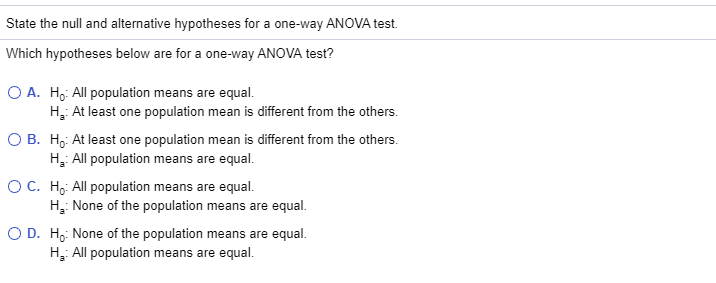 state the null hypothesis for the one way anova