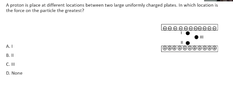 A proton is place at different locations between two large uniformly charged plates. In which location is the force on the pa