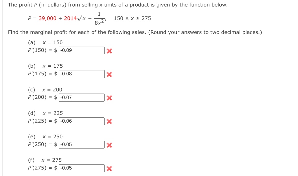 Solved P=39,000+2014x−8x21,150≤x≤275 ind the marginal profit | Chegg.com