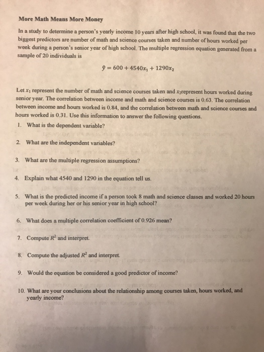 Solved More Math Means More Money In a study to determine a | Chegg.com