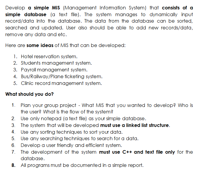Solved Develop a simple MIS (Management Information System) | Chegg.com