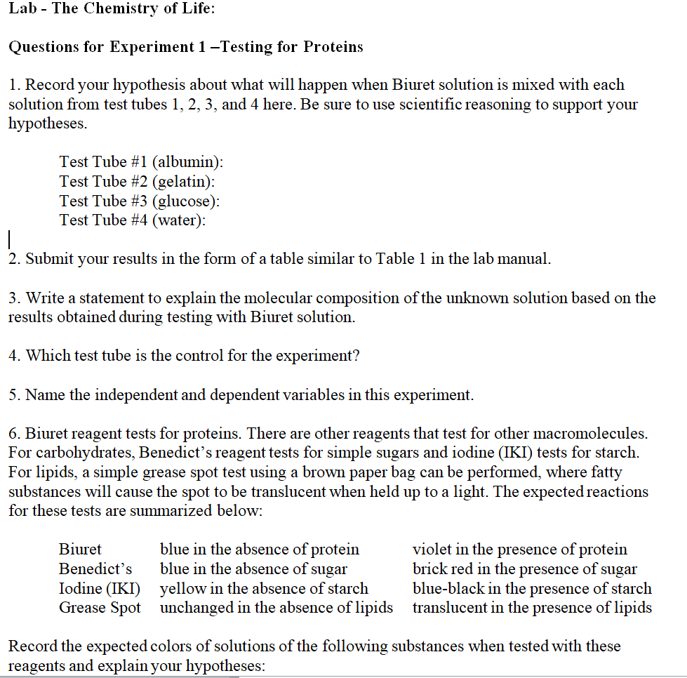Lab The Chemistry of Life Questions for Experiment