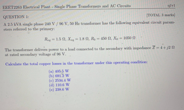 Solved EEET2263 Electrical Plant - Single Phase Transformers | Chegg.com