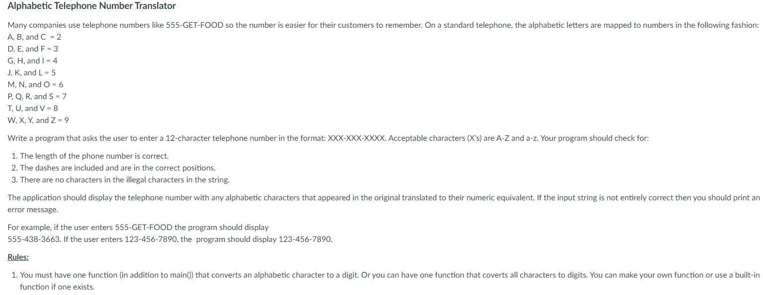 Solved Alphabetic Telephone Number Translator Many Compan Chegg Com