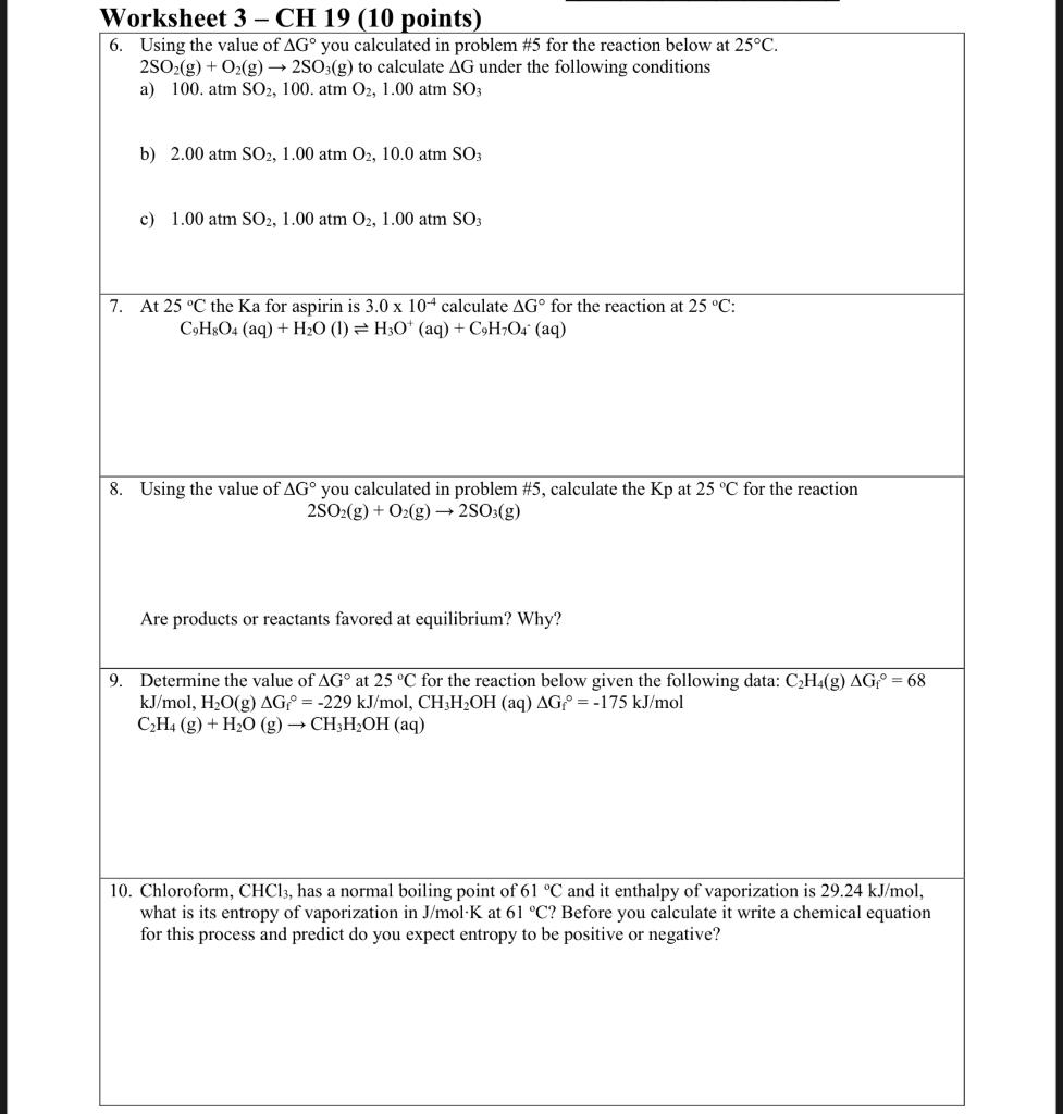 Solved Worksheet 3 - CH 19 (10 points) 1. For each reaction | Chegg.com