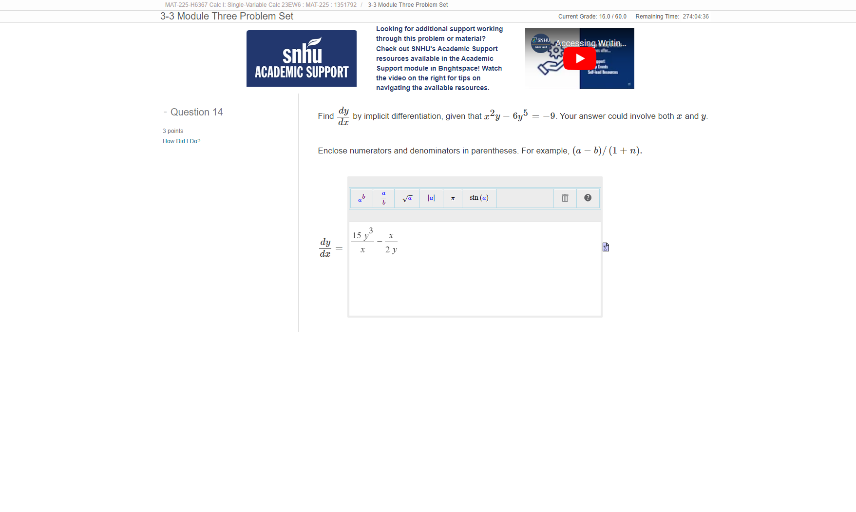 Solved MAT-225-H6367 Calc I: Single-Variable Calc 23EW6: | Chegg.com
