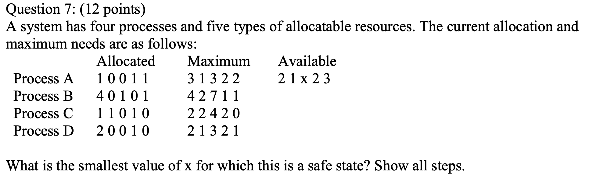 Question 7: (12 points) A system has four processes and five types of allocatable resources. The current allocation and maxim
