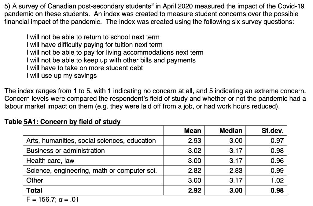 Solved 5) A survey of Canadian post-secondary students 2 in | Chegg.com