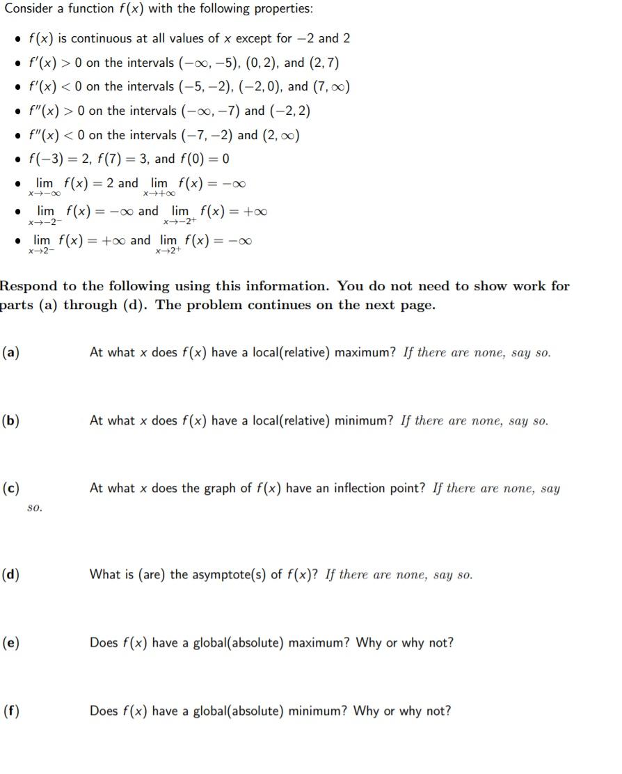 Solved Consider a function f(x) with the following | Chegg.com